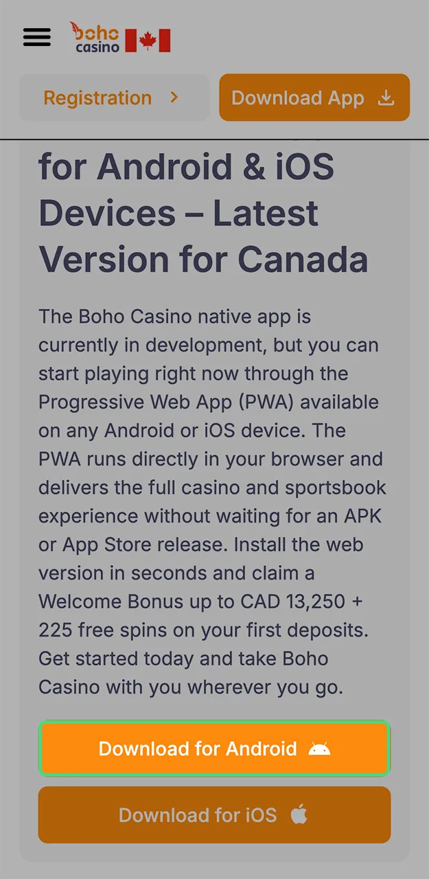 Select the button to download the Boho Casino app for Android devices.