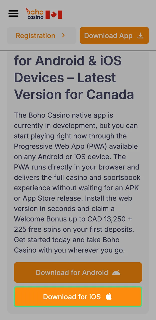 Select the iOS icon to install the Boho Casino app.