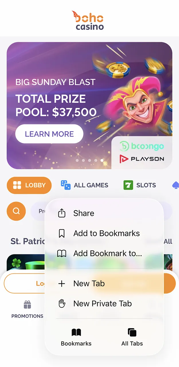 Open the Safari menu and tap the Share button to add the Boho Casino app to your device