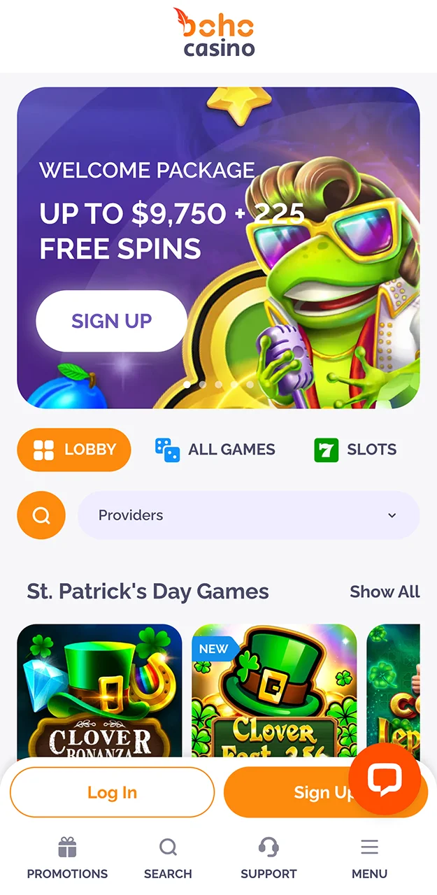 The Boho Casino homepage.