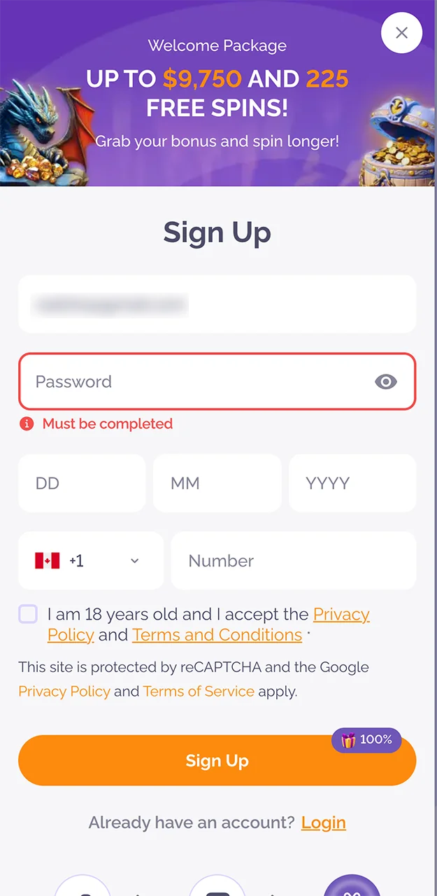 Registration form in the Boho Casino app.