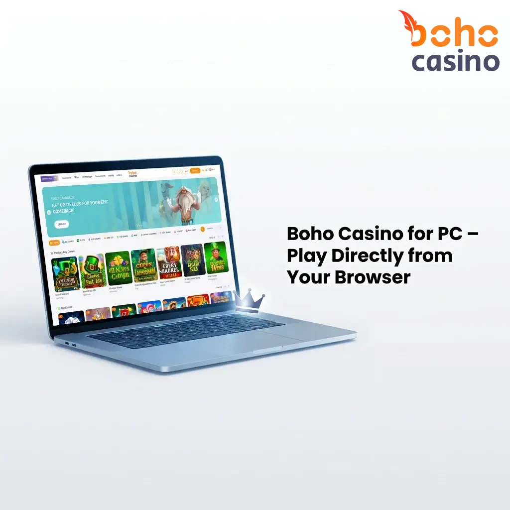 A person playing Boho Casino on a desktop PC browser, showing the casino lobby with games on a responsive layout.