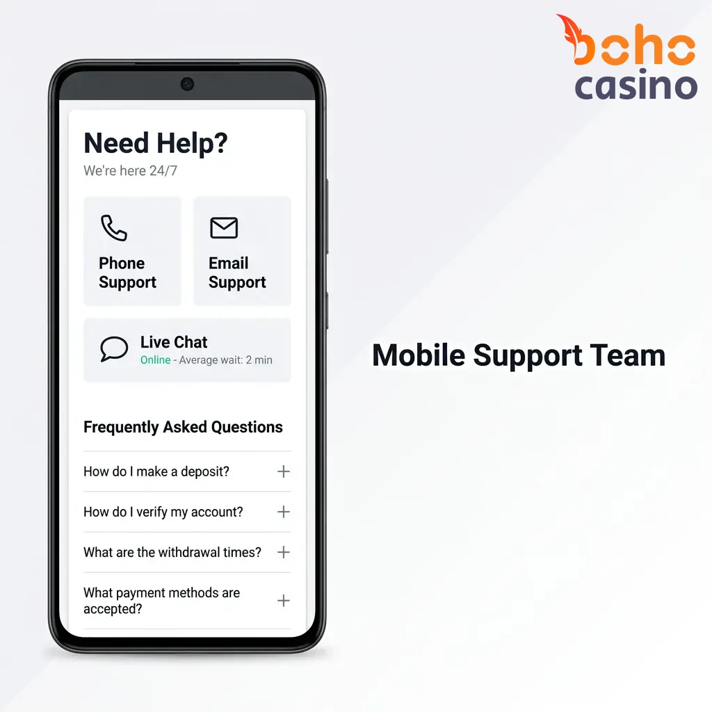 Mobile support team options at Boho Casino: live chat, email support, and FAQ help centre for PWA users