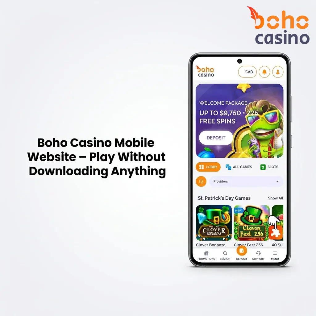 Boho Casino mobile website on smartphone browser, no download required, touch-friendly interface for slots and live casino games