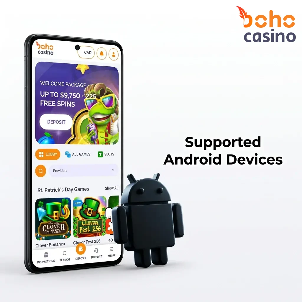 Supported Android devices for Boho Casino PWA including Samsung, Google Pixel, OnePlus, Xiaomi, and Sony models