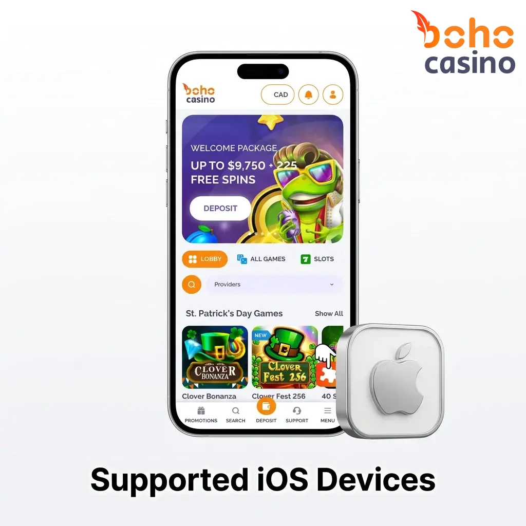 Compatible Apple iPhones and iPads running iOS 13 or later supported by Boho Casino's PWA app