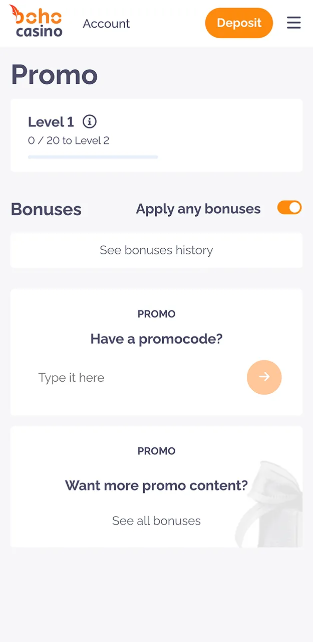 Please wait for your funds and bonus to be credited by Boho Casino.