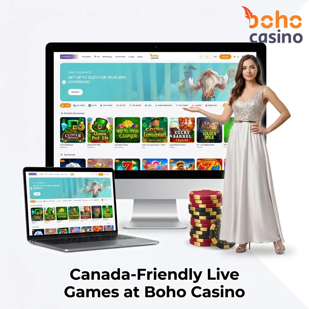 Live casino table games at Boho Casino featuring Evolution and Pragmatic Play titles popular with Canadian players