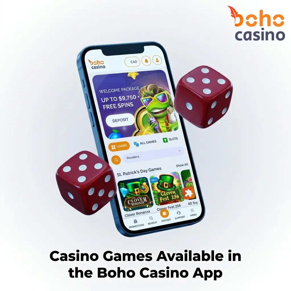Boho Casino app displaying game categories: slots, live dealer, table games, jackpots, crash games, and game shows