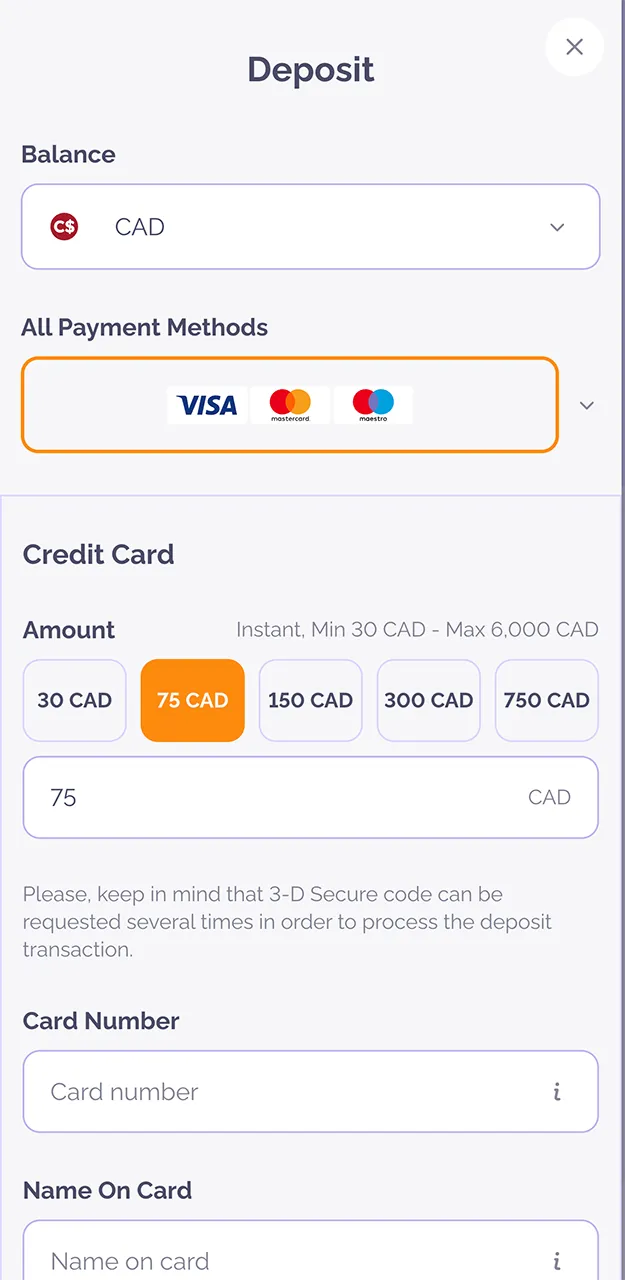 Select your preferred deposit amount on the Boho Casino website and make the deposit.