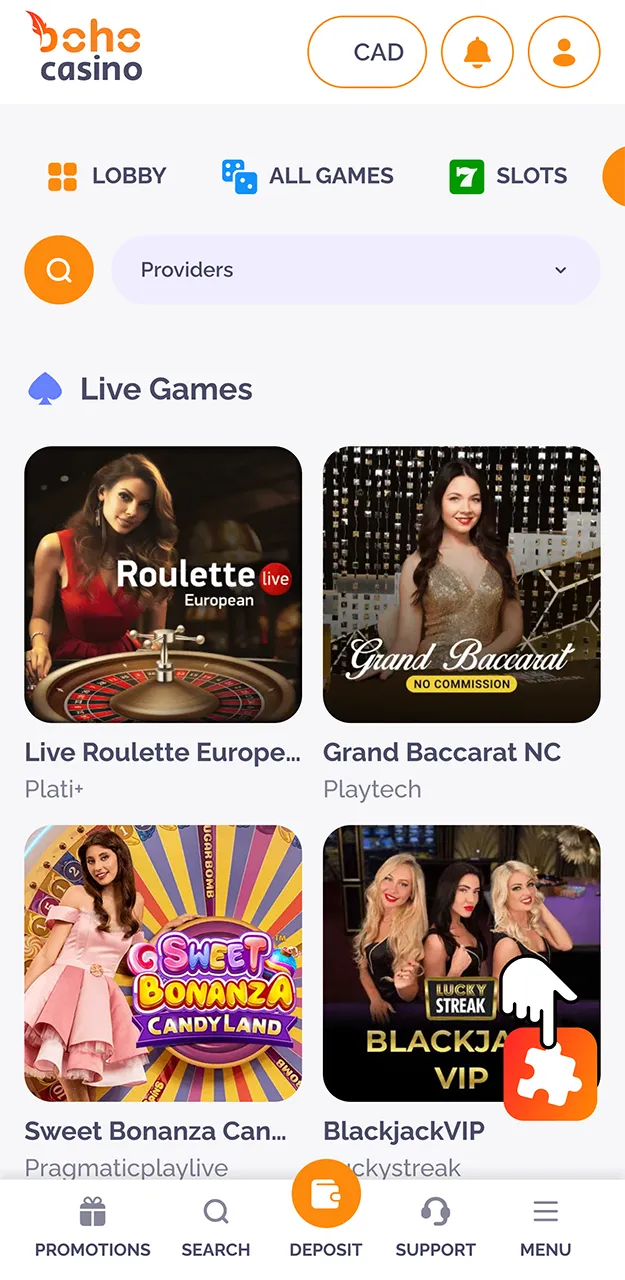 Visit Boho’s live casino section, featuring a wide selection of games.