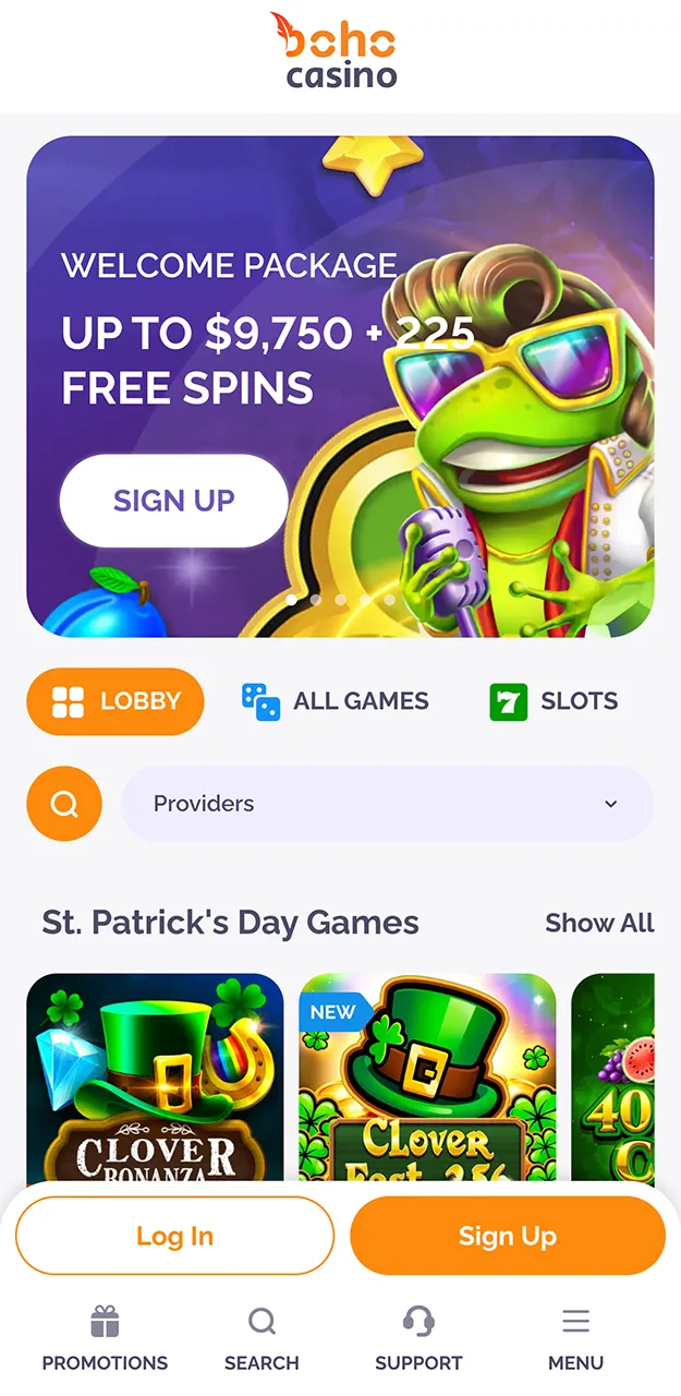 Launch the Boho Casino app and take a look at the home screen.