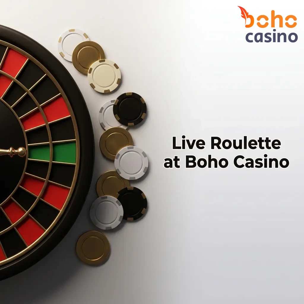 Live roulette table with spinning wheel and betting layout at Boho Casino, featuring Evolution and Pragmatic Play games