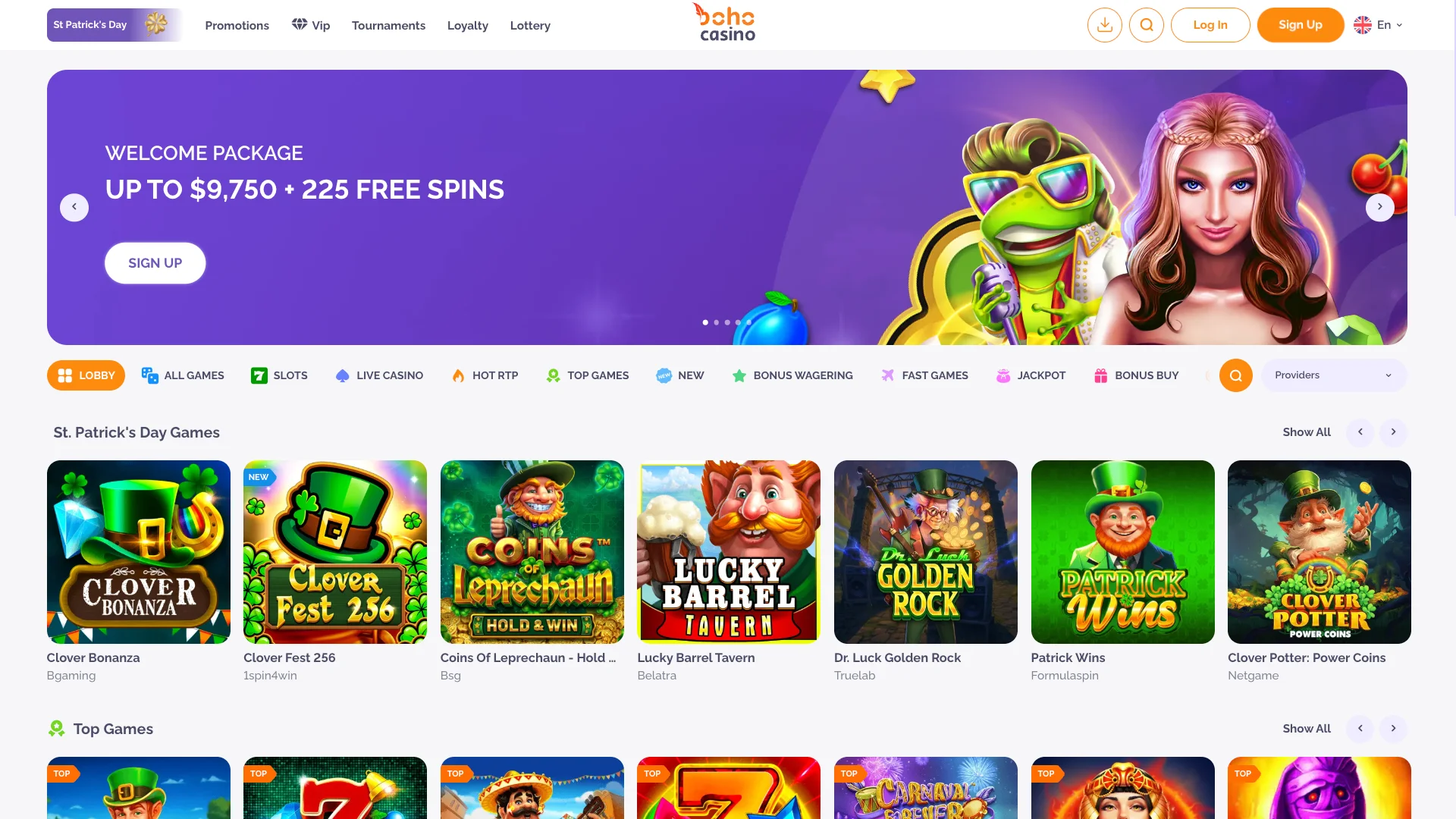 The Boho Casino homepage.