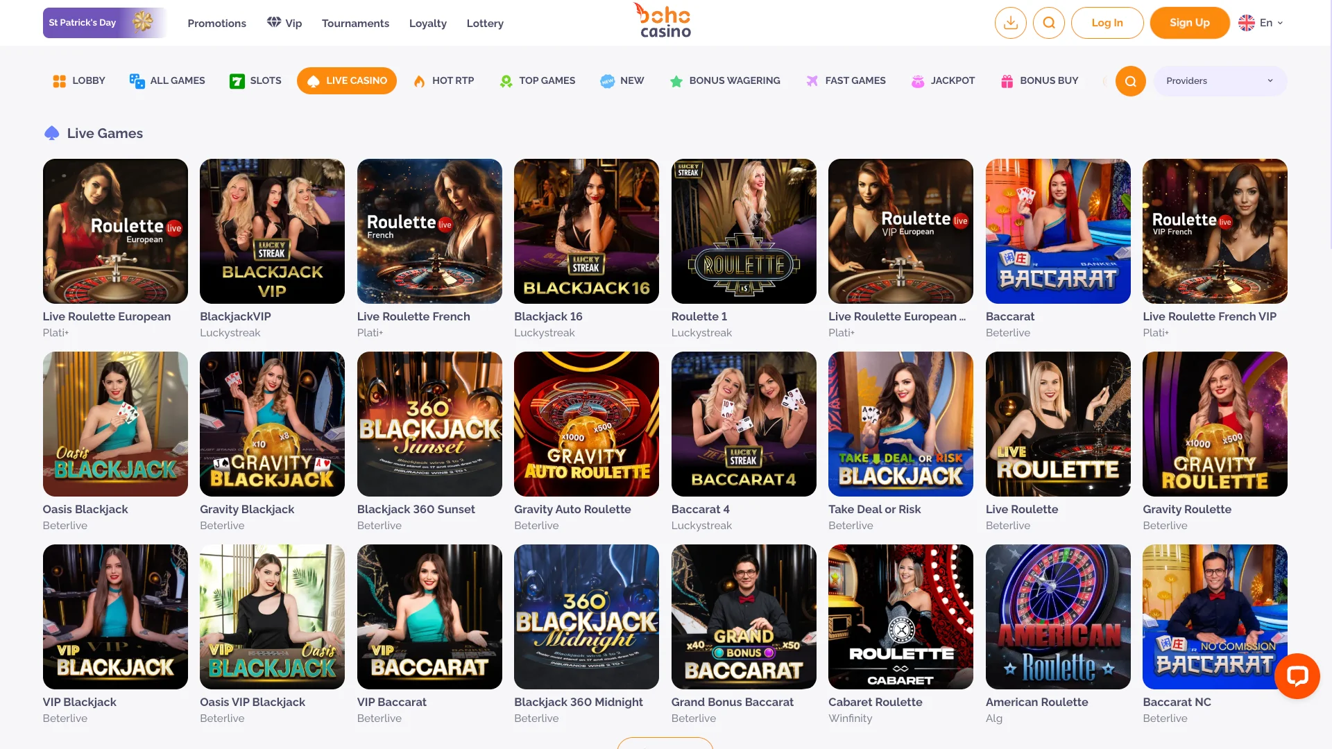 The Live Casino tab on the Boho website.