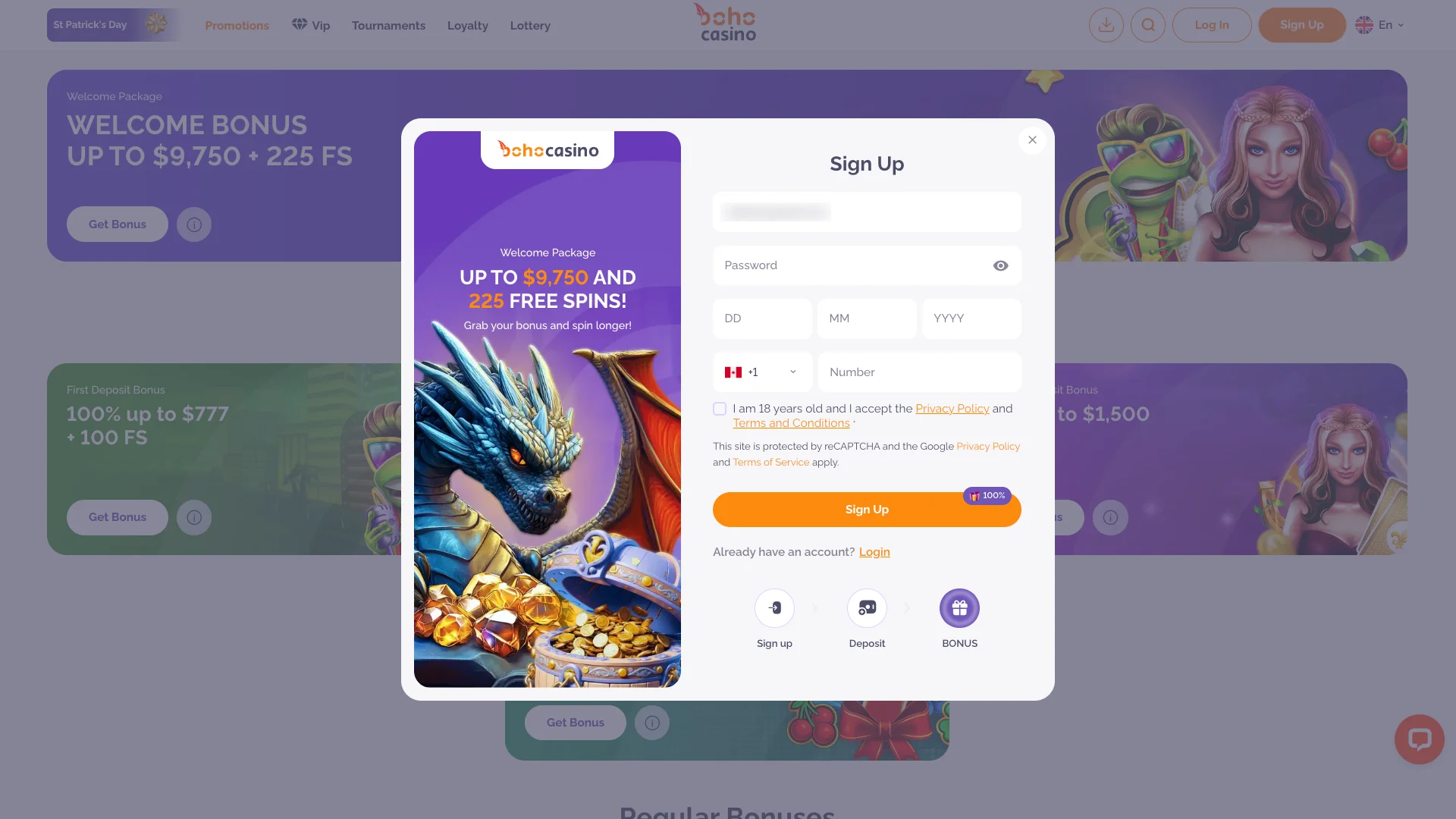 Registration form on the Boho Casino website.