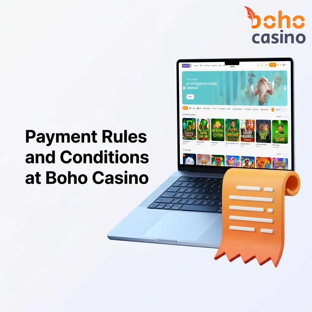 Boho Casino payment rules covering verification, withdrawal methods, bonus wagering, limits, and currency conversion.