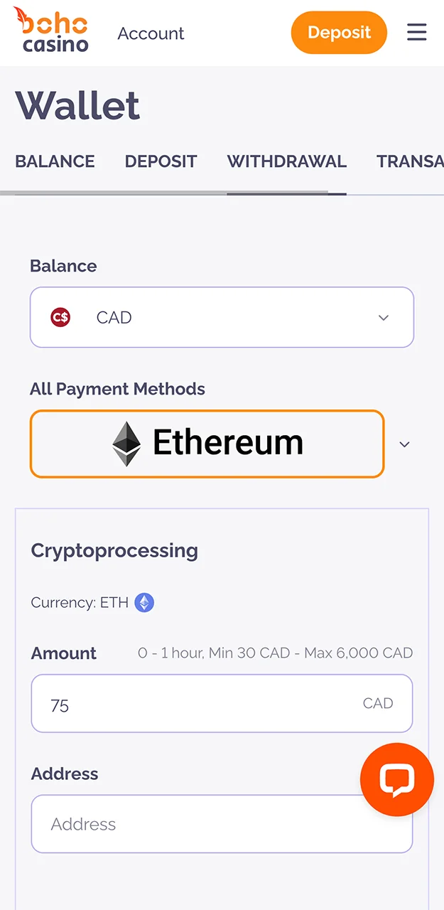 Enter the amount you wish to withdraw on the Boho Casino website.