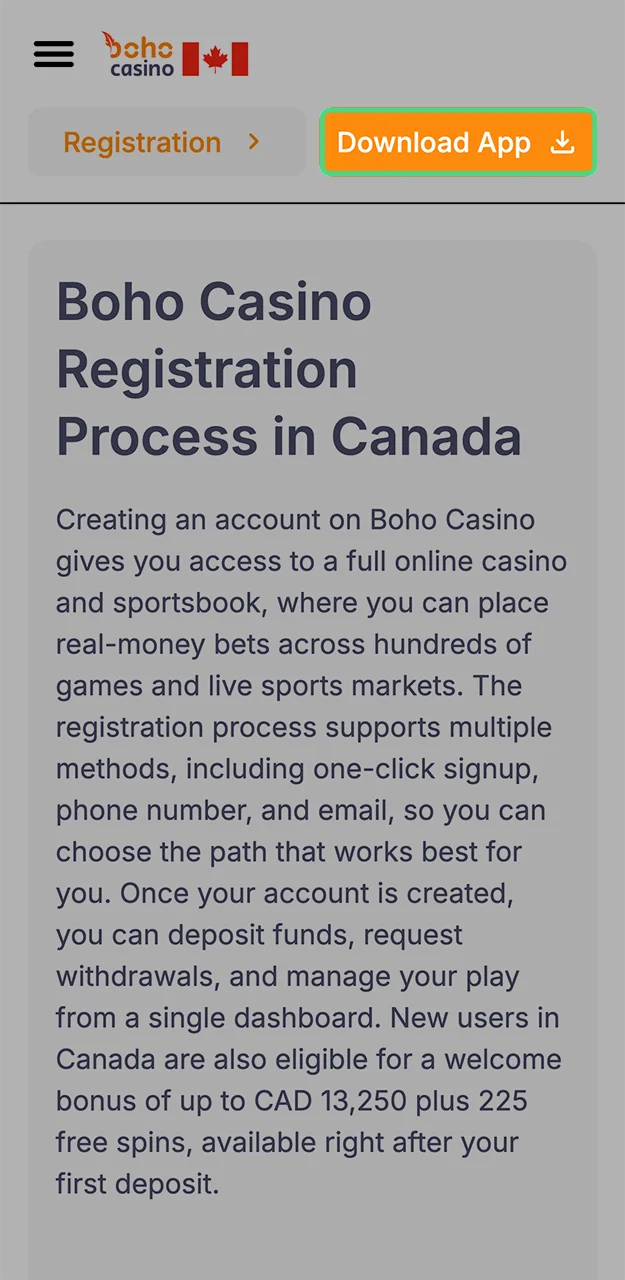 Start downloading the Boho Casino mobile app.
