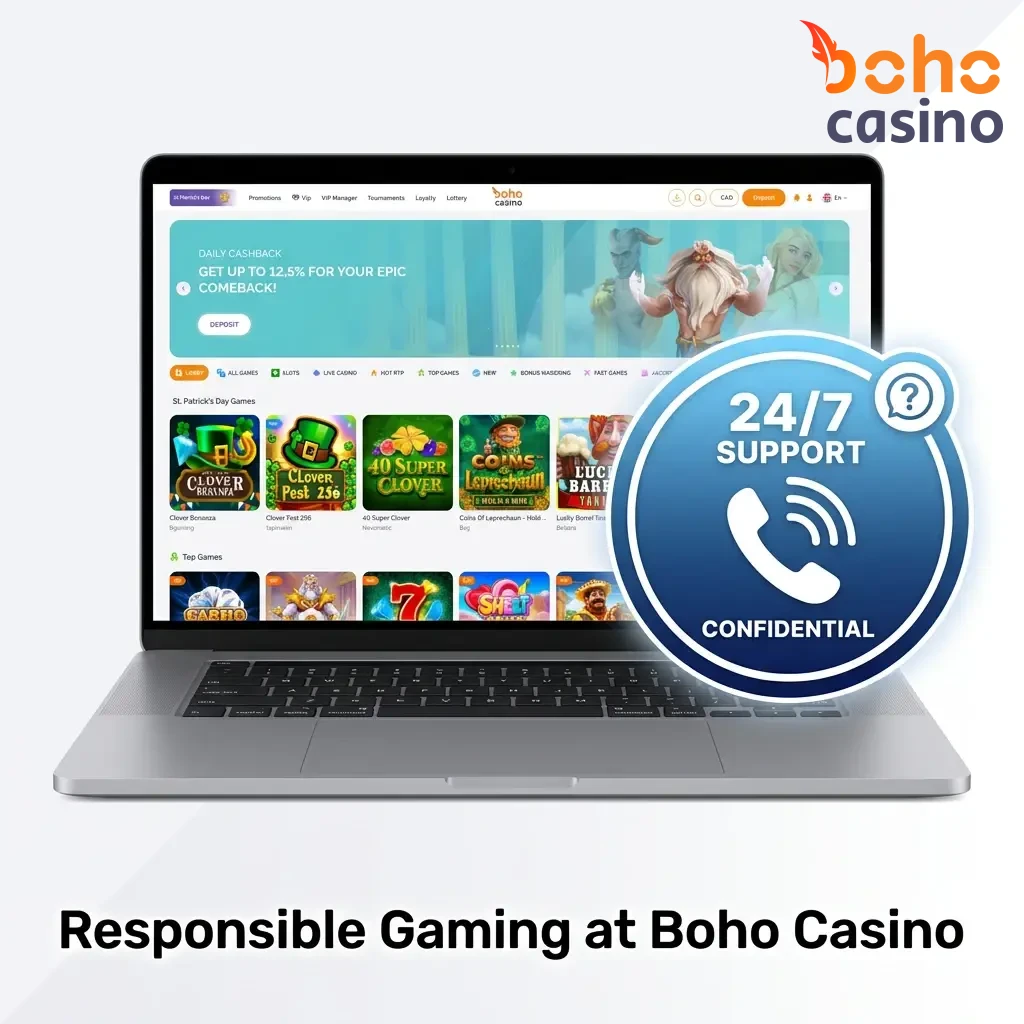 Boho Casino responsible gaming tools including deposit limits, loss limits, self-exclusion, and support resources for safe play.
