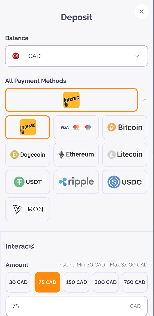 Select the amount you wish to deposit on the Boho Casino website.