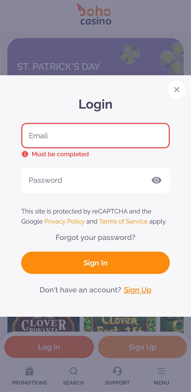 Enter the details required to log in to your account on the Boho Casino website.