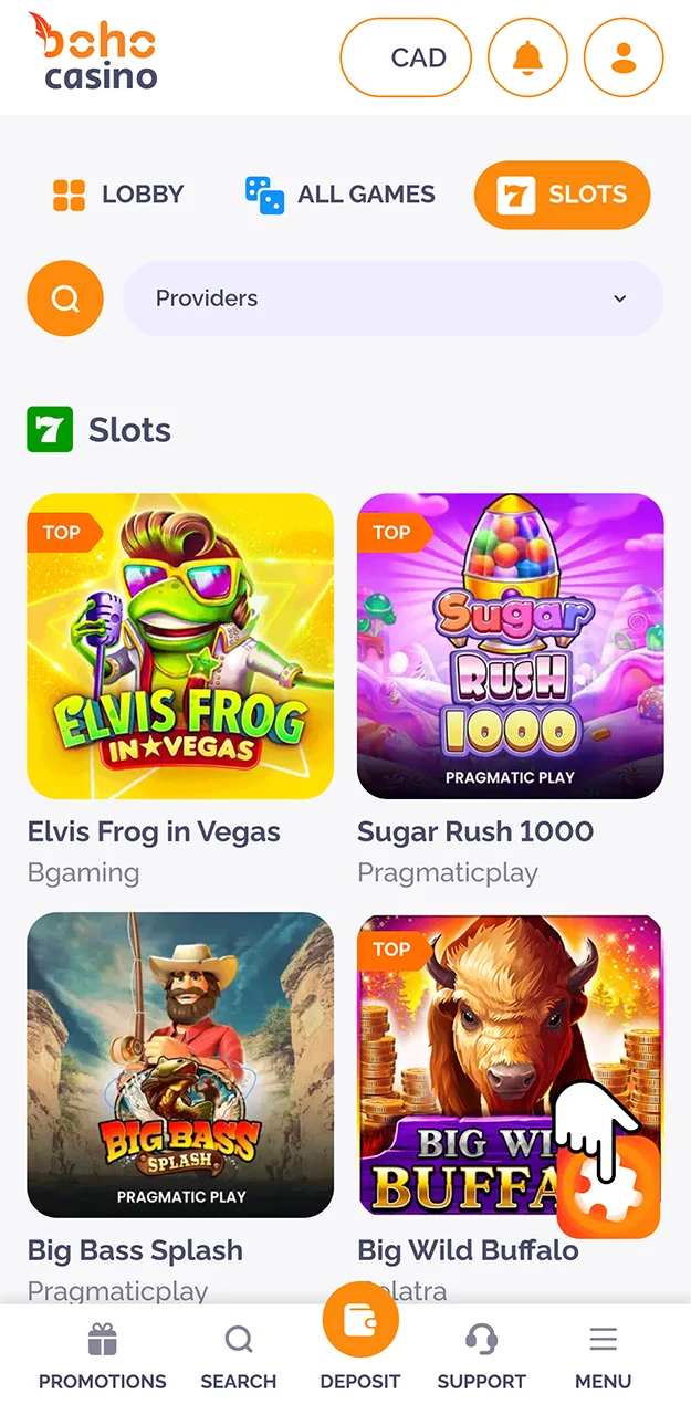 Visit the Top Slots tab on the Boho Casino website.