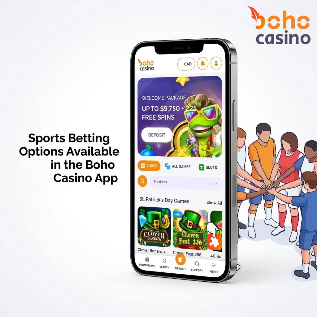 Boho Casino app sportsbook showing betting options including football, basketball, tennis, MMA, esports, and more sports markets.
