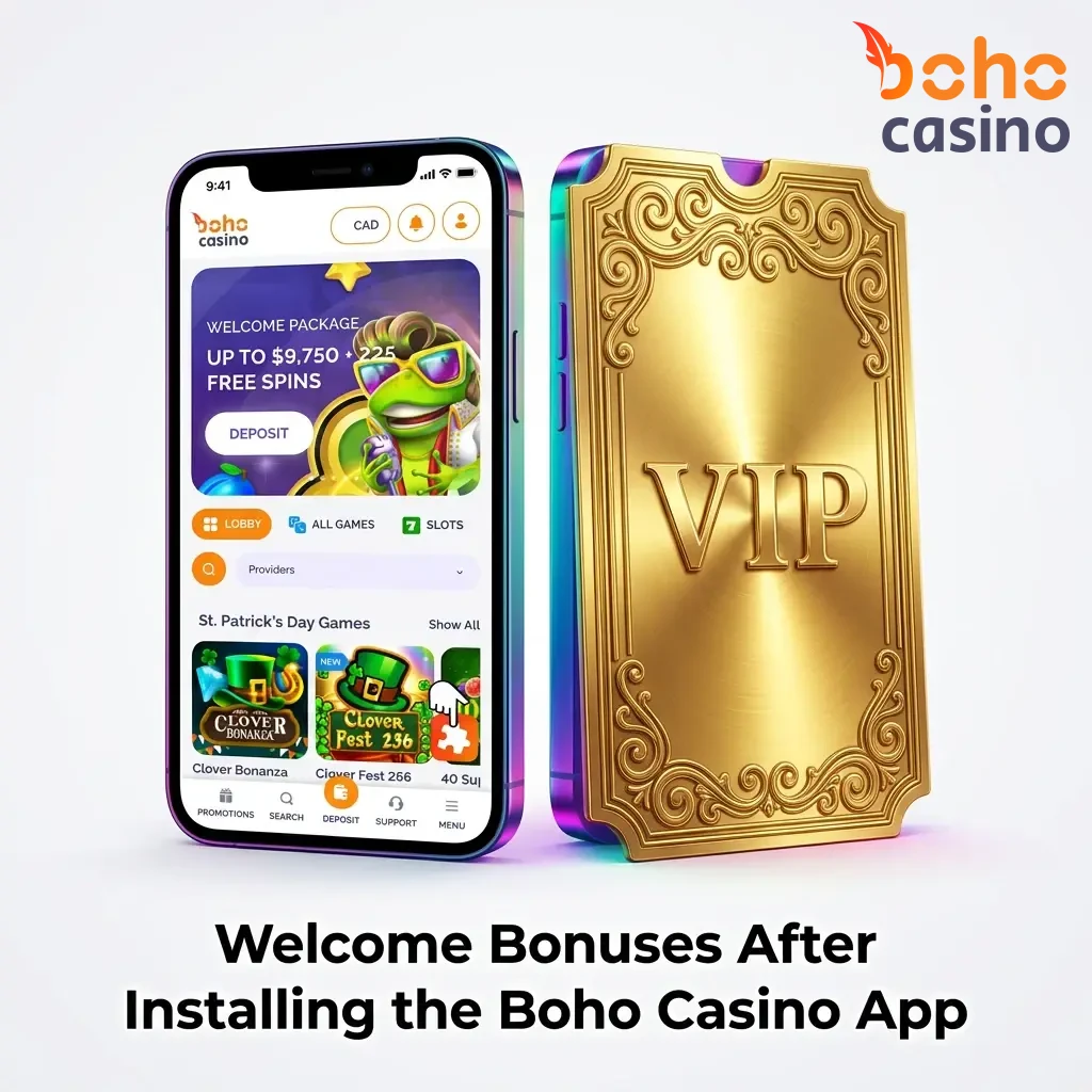 Boho Casino app welcome bonuses showing CAD 13,250 plus 225 free spins and VIP rewards for Canadian players